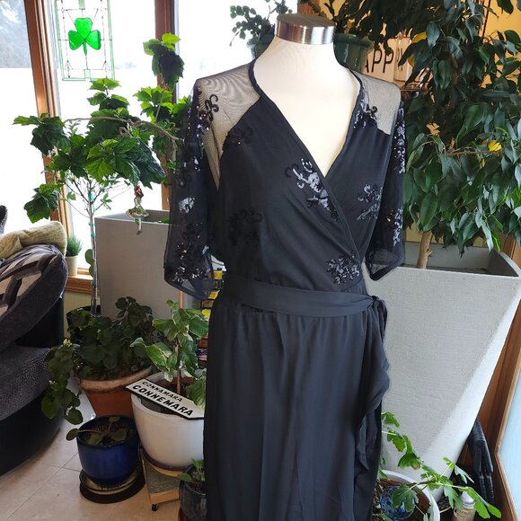 Elegant Black Illusion Mesh Sequin Ruffled Wrap Dress Sz 24W - Picture 1 of 15